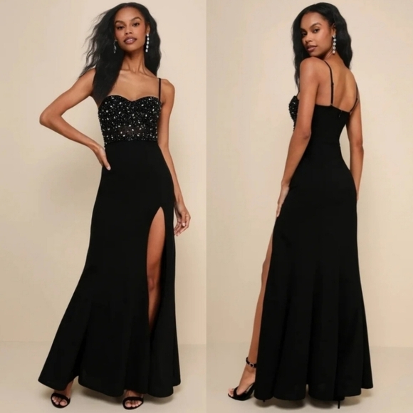 Lulus Luxe Allure Black Beaded Rhinestone Bustier Maxi Dress L Wedding Party - Picture 1 of 12